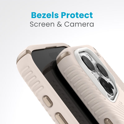A case with phone inside with camera facing up is lying on top of a case with phone inside with screen facing up. Both are at a sharp angle clearly showing case's raised bezels around screen and camera. Text reads bezels protect screen and camera.#color_bleached-bone-heirloom-gold