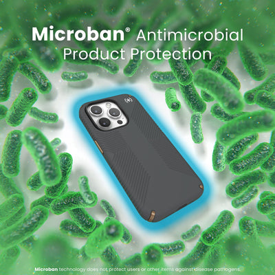 A case with phone inside is surrounded by bacteria. A blue halo around the phone keeps the bacteria away. Text reads Microban antimicrobial product protection. Microban technology does not protect users or other items against disease pathogens.#color_charcoal-grey-cool-bronze