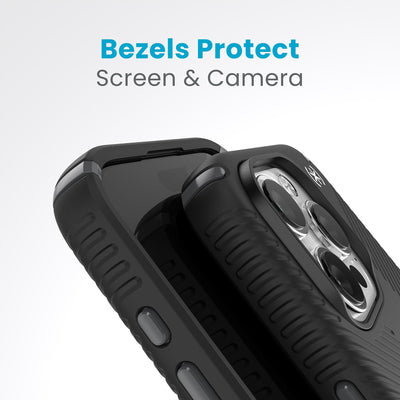 A case with phone inside with camera facing up is lying on top of a case with phone inside with screen facing up. Both are at a sharp angle clearly showing case's raised bezels around screen and camera. Text reads bezels protect screen and camera.#color_black-slate-grey