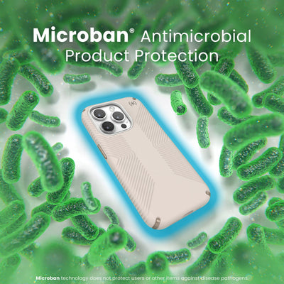 A case with phone inside is surrounded by bacteria. A blue halo around the phone keeps the bacteria away. Text reads Microban antimicrobial product protection. Microban technology does not protect users or other items against disease pathogens.#color_bleached-bone-heirloom-gold