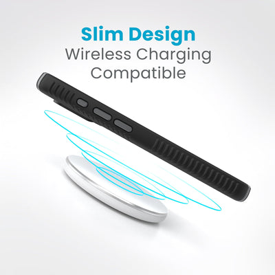 Side view of a case with a phone inside hovering over a wireless charger with concentric circles eminating from charger to signify power transfer. Text in image reads slim design - wireless charging compatible.#color_black-slate-grey