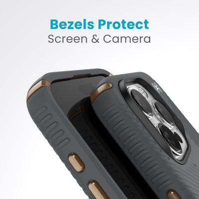 A case with phone inside with camera facing up is lying on top of a case with phone inside with screen facing up. Both are at a sharp angle clearly showing case's raised bezels around screen and camera. Text reads bezels protect screen and camera.#color_charcoal-grey-cool-bronze