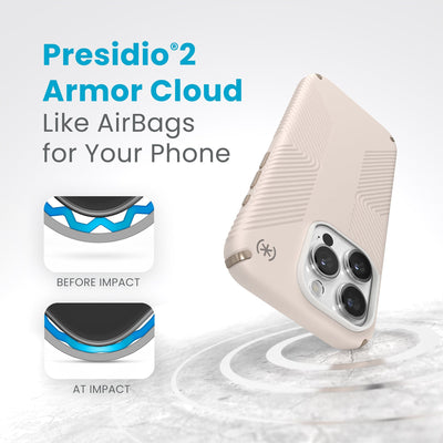 A case with phone inside hits a hard surface on the top corner. Diagrams show Armor Cloud case lining before and at impact. Text reads Presidio2 Armor Cloud. Like airbags for your phone. #color_bleached-bone-heirloom-gold