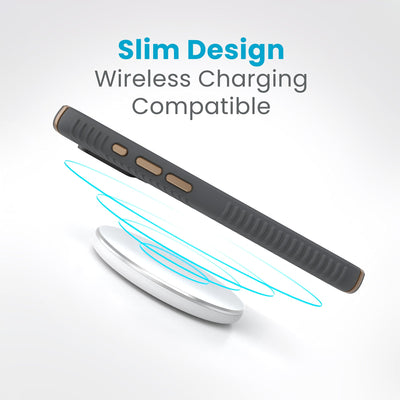 Side view of a case with a phone inside hovering over a wireless charger with concentric circles eminating from charger to signify power transfer. Text in image reads slim design - wireless charging compatible.#color_charcoal-grey-cool-bronze