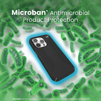 A case with phone inside is surrounded by bacteria. A blue halo around the phone keeps the bacteria away. Text reads Microban antimicrobial product protection. Microban technology does not protect users or other items against disease pathogens.#color_black-slate-grey