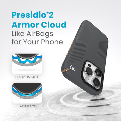 A case with phone inside hits a hard surface on the top corner. Diagrams show Armor Cloud case lining before and at impact. Text reads Presidio2 Armor Cloud. Like airbags for your phone. #color_charcoal-grey-cool-bronze