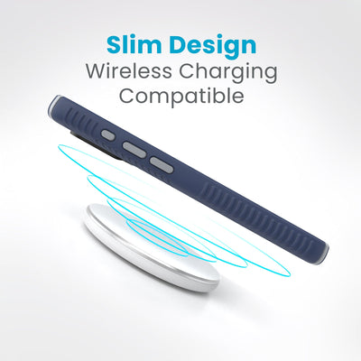 Side view of a case with a phone inside hovering over a wireless charger with concentric circles eminating from charger to signify power transfer. Text in image reads slim design - wireless charging compatible.#color_coastal-blue-dust-grey