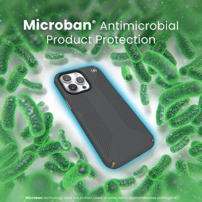 A case with phone inside is surrounded by bacteria. A blue halo around the phone keeps the bacteria away. Text reads Microban antimicrobial product protection. Microban technology does not protect users or other items against disease pathogens.#color_charcoal-grey-cool-bronze