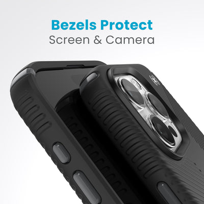 A case with phone inside with camera facing up is lying on top of a case with phone inside with screen facing up. Both are at a sharp angle clearly showing case's raised bezels around screen and camera. Text reads bezels protect screen and camera.#color_black-slate-grey