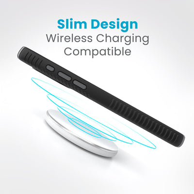 Side view of a case with a phone inside hovering over a wireless charger with concentric circles eminating from charger to signify power transfer. Text in image reads slim design - wireless charging compatible.#color_black-slate-grey