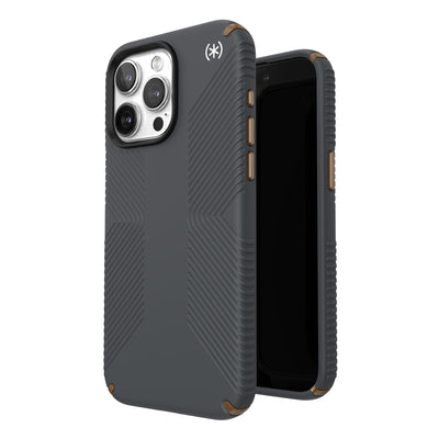 Three-quarter view of back of phone case simultaneously shown with three-quarter front view of phone case.#color_charcoal-grey-cool-bronze