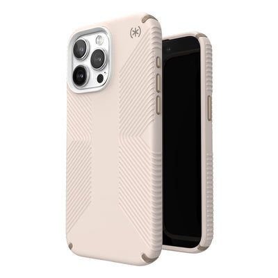 Three-quarter view of back of phone case simultaneously shown with three-quarter front view of phone case.#color_bleached-bone-heirloom-gold