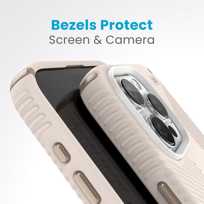 A case with phone inside is surrounded by bacteria. A blue halo around the phone keeps the bacteria away. Text reads Microban antimicrobial product protection. Microban technology does not protect users or other items against disease pathogens.#color_bleached-bone-heirloom-gold