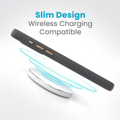 Side view of a case with a phone inside hovering over a wireless charger with concentric circles eminating from charger to signify power transfer. Text in image reads slim design - wireless charging compatible.#color_charcoal-grey-cool-bronze