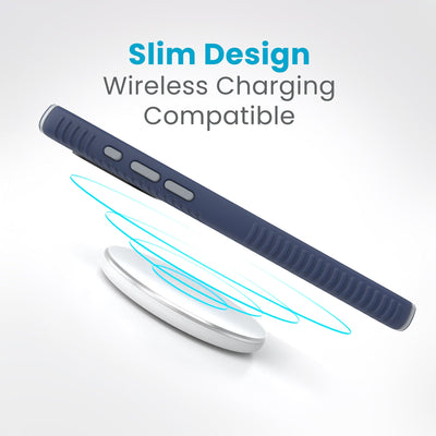 Side view of a case with a phone inside hovering over a wireless charger with concentric circles eminating from charger to signify power transfer. Text in image reads slim design - wireless charging compatible.#color_coastal-blue-dust-grey