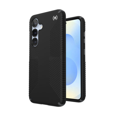 Three-quarter view of back of phone case with phone inside shown over top of front view of phone case with phone inside#color_black-slate-grey