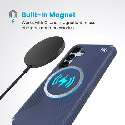 A magnetic charger hovers over the back of the phone case. Text reads Built-In Magnet: Works with Qi and magnetic wireless chargers and accessories#color_coastal-blue-dust-grey