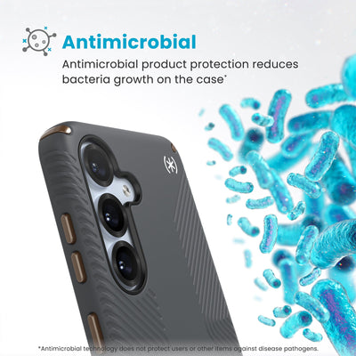 Bacteria is shown around phone case but not on it. Text reads Antimicrobial: Antimicrobial product protection reduces bacteria growth on the case (Antimicrobial technology does not protect users or other items against disease pathogens)#color_charcoal-grey-cool-bronze