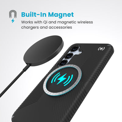 A magnetic charger hovers over the back of the phone case. Text reads Built-In Magnet: Works with Qi and magnetic wireless chargers and accessories#color_black-slate-grey