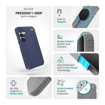 Various close-ups of case are shown. Text reads Speck Presidio2 Grip Magnet: No-slip grips for a better hold, built-in magnet, bezels protect screen and camera, drop-protection with Armor Cloud Technology, antimicrobial product protection#color_coastal-blue-dust-grey