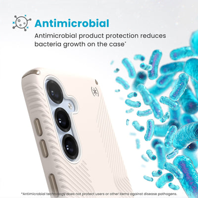 Bacteria is shown around phone case but not on it. Text reads Antimicrobial: Antimicrobial product protection reduces bacteria growth on the case (Antimicrobial technology does not protect users or other items against disease pathogens)#color_bleached-bone-heirloom-gold