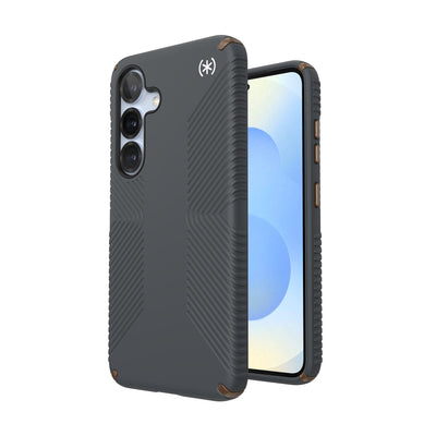 Three-quarter view of back of phone case with phone inside shown over top of front view of phone case with phone inside#color_charcoal-grey-cool-bronze