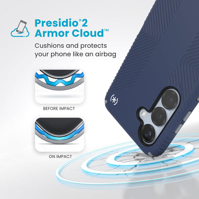 A corner of the case impacts the ground - a diagram shows interior cushion of phone before impact and on impact. Text reads Presidio2 Armor Cloud: Cushions and protects your phone like an airbag#color_coastal-blue-dust-grey