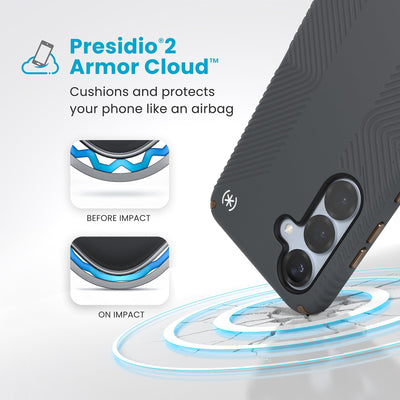 A corner of the case impacts the ground - a diagram shows interior cushion of phone before impact and on impact. Text reads Presidio2 Armor Cloud: Cushions and protects your phone like an airbag#color_charcoal-grey-cool-bronze