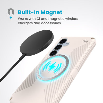 A magnetic charger hovers over the back of the phone case. Text reads Built-In Magnet: Works with Qi and magnetic wireless chargers and accessories#color_bleached-bone-heirloom-gold