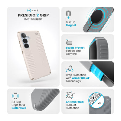 Various close-ups of case are shown. Text reads Speck Presidio2 Grip Magnet: No-slip grips for a better hold, built-in magnet, bezels protect screen and camera, drop-protection with Armor Cloud Technology, antimicrobial product protection#color_bleached-bone-heirloom-gold