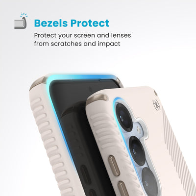 Raised bezels around phone screen and camera are highlighted. Text reads Bezels Protect: Protect your screen and lenses from scratches and impact#color_bleached-bone-heirloom-gold