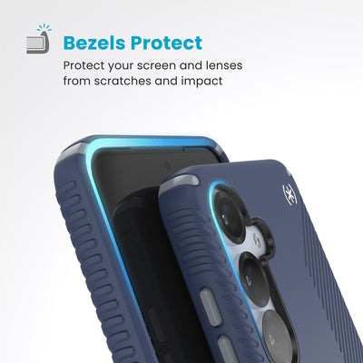 Raised bezels around phone screen and camera are highlighted. Text reads Bezels Protect: Protect your screen and lenses from scratches and impact#color_coastal-blue-dust-grey