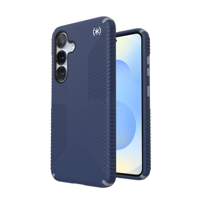 Three-quarter view of back of phone case with phone inside shown over top of front view of phone case with phone inside#color_coastal-blue-dust-grey