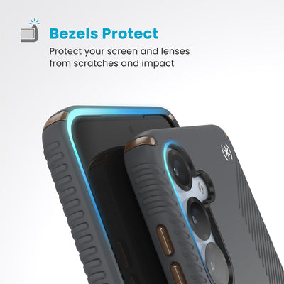 Raised bezels around phone screen and camera are highlighted. Text reads Bezels Protect: Protect your screen and lenses from scratches and impact#color_charcoal-grey-cool-bronze