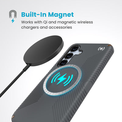 A magnetic charger hovers over the back of the phone case. Text reads Built-In Magnet: Works with Qi and magnetic wireless chargers and accessories#color_charcoal-grey-cool-bronze