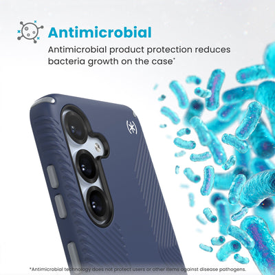 Bacteria is shown around phone case but not on it. Text reads Antimicrobial: Antimicrobial product protection reduces bacteria growth on the case (Antimicrobial technology does not protect users or other items against disease pathogens)#color_coastal-blue-dust-grey