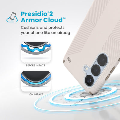 A corner of the case impacts the ground - a diagram shows interior cushion of phone before impact and on impact. Text reads Presidio2 Armor Cloud: Cushions and protects your phone like an airbag#color_bleached-bone-heirloom-gold