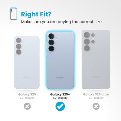 All three phones are shown - Galaxy S25+ is highlighted. Text reads Right fit? Make sure you are buying the correct size#color_coastal-blue-dust-grey