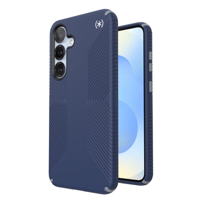 Three-quarter view of back of phone case with phone inside shown over top of front view of phone case with phone inside#color_coastal-blue-dust-grey