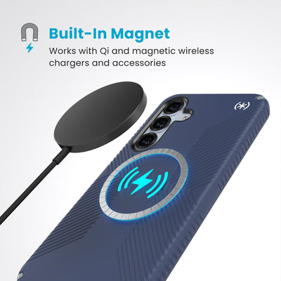 A magnetic charger hovers over the back of the phone case. Text reads Built-In Magnet: Works with Qi and magnetic wireless chargers and accessories#color_coastal-blue-dust-grey