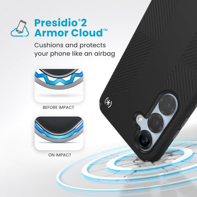 A corner of the case impacts the ground - a diagram shows interior cushion of phone before impact and on impact. Text reads Presidio2 Armor Cloud: Cushions and protects your phone like an airbag#color_black-slate-grey