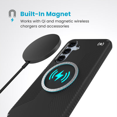 A magnetic charger hovers over the back of the phone case. Text reads Built-In Magnet: Works with Qi and magnetic wireless chargers and accessories#color_black-slate-grey