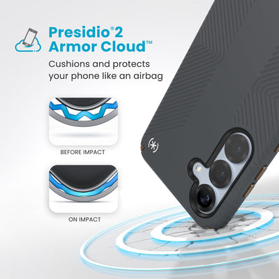 A corner of the case impacts the ground - a diagram shows interior cushion of phone before impact and on impact. Text reads Presidio2 Armor Cloud: Cushions and protects your phone like an airbag#color_charcoal-grey-cool-bronze