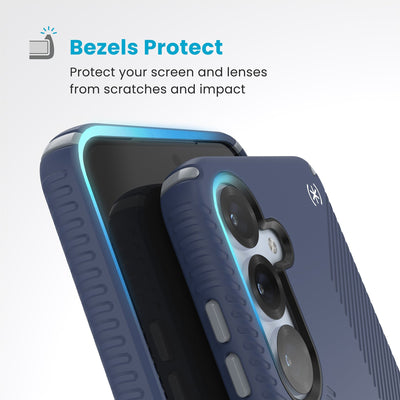 Raised bezels around phone screen and camera are highlighted. Text reads Bezels Protect: Protect your screen and lenses from scratches and impact#color_coastal-blue-dust-grey