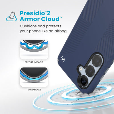 A corner of the case impacts the ground - a diagram shows interior cushion of phone before impact and on impact. Text reads Presidio2 Armor Cloud: Cushions and protects your phone like an airbag#color_coastal-blue-dust-grey