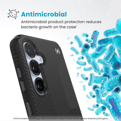 Bacteria is shown around phone case but not on it. Text reads Antimicrobial: Antimicrobial product protection reduces bacteria growth on the case (Antimicrobial technology does not protect users or other items against disease pathogens)#color_black-slate-grey