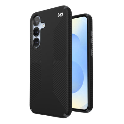 Three-quarter view of back of phone case with phone inside shown over top of front view of phone case with phone inside#color_black-slate-grey