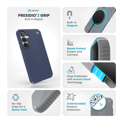 Various close-ups of case are shown. Text reads Speck Presidio2 Grip Magnet: No-slip grips for a better hold, built-in magnet, bezels protect screen and camera, drop-protection with Armor Cloud Technology, antimicrobial product protection#color_coastal-blue-dust-grey