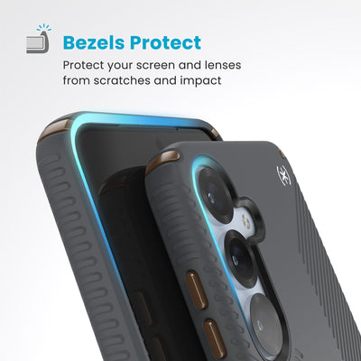 Raised bezels around phone screen and camera are highlighted. Text reads Bezels Protect: Protect your screen and lenses from scratches and impact#color_charcoal-grey-cool-bronze