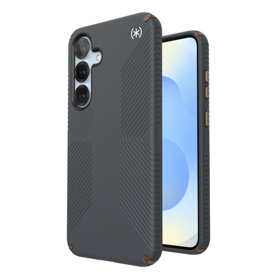 Three-quarter view of back of phone case with phone inside shown over top of front view of phone case with phone inside#color_charcoal-grey-cool-bronze